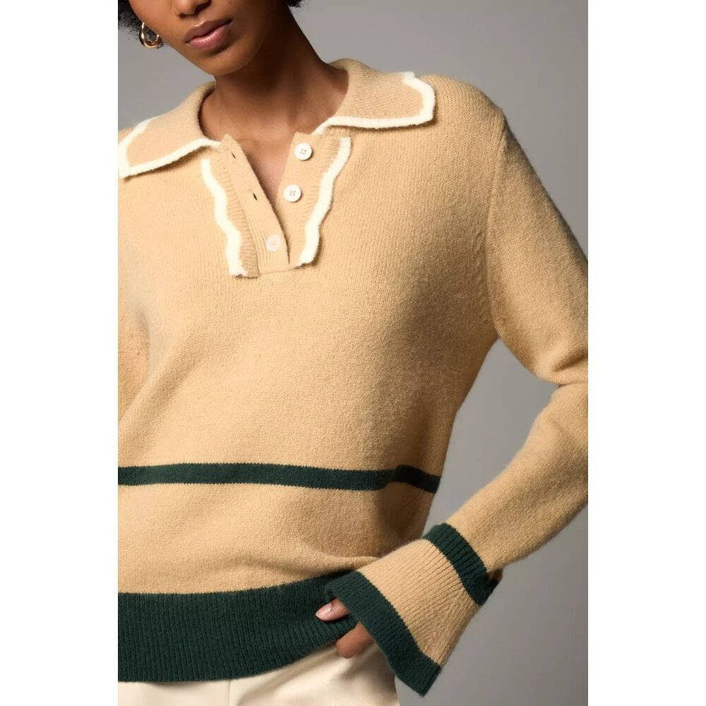 Anthropologie Beige and Dark Green Trim Polo Sweater NWT